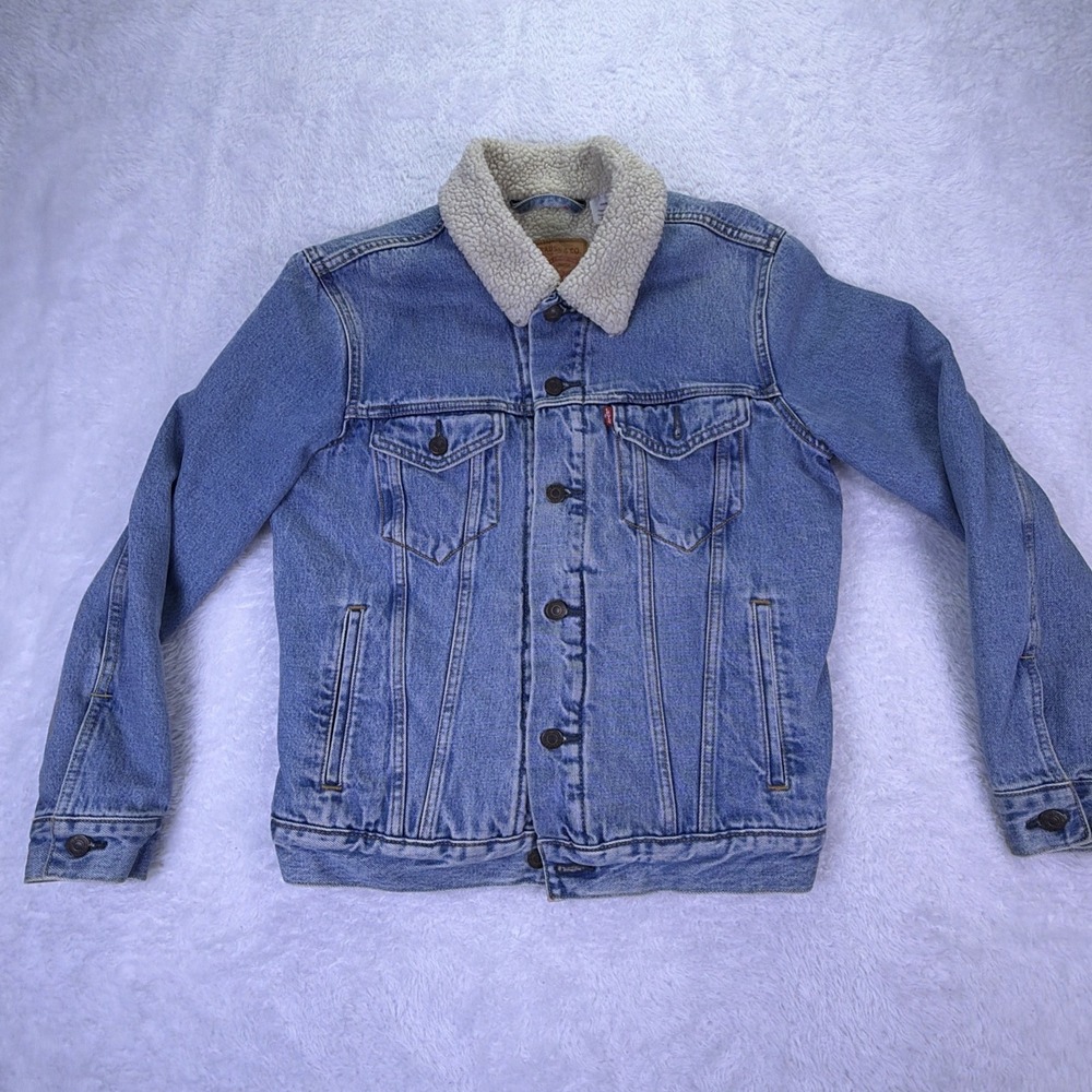 Levi's Sherpa Lined Blue Denim Jacket Quilt-Lined Sleeves S/M (Read Description)